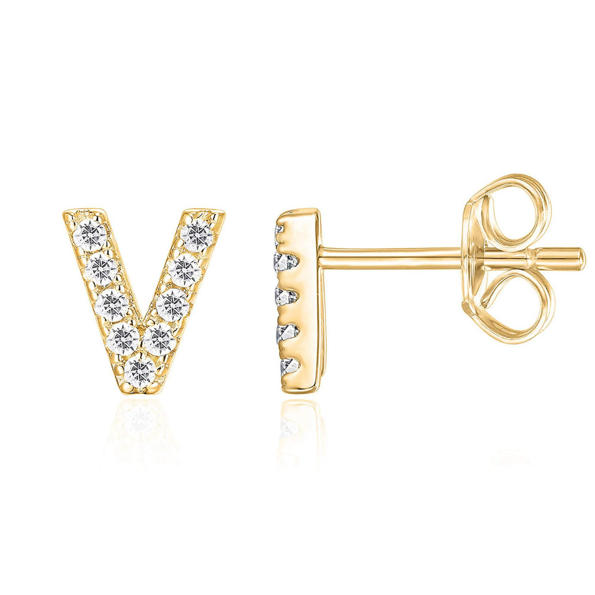 Crystal initial V stud earrings in gold - Pulse and Glow