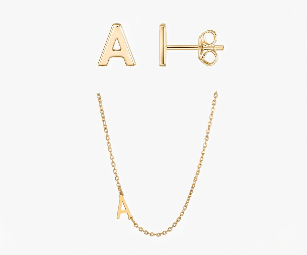 The Minimal Set in Classic — initial necklace with matching gold stud earrings