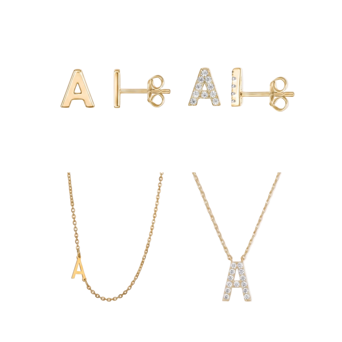 The Minimal Set — initial necklace and matching studs in 14K gold plate